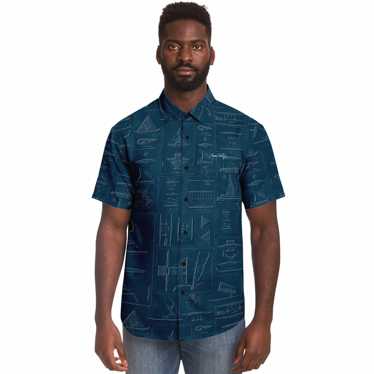 Blue Reimagined Embossed Oceania Seafaring Vessels Short Sleeve