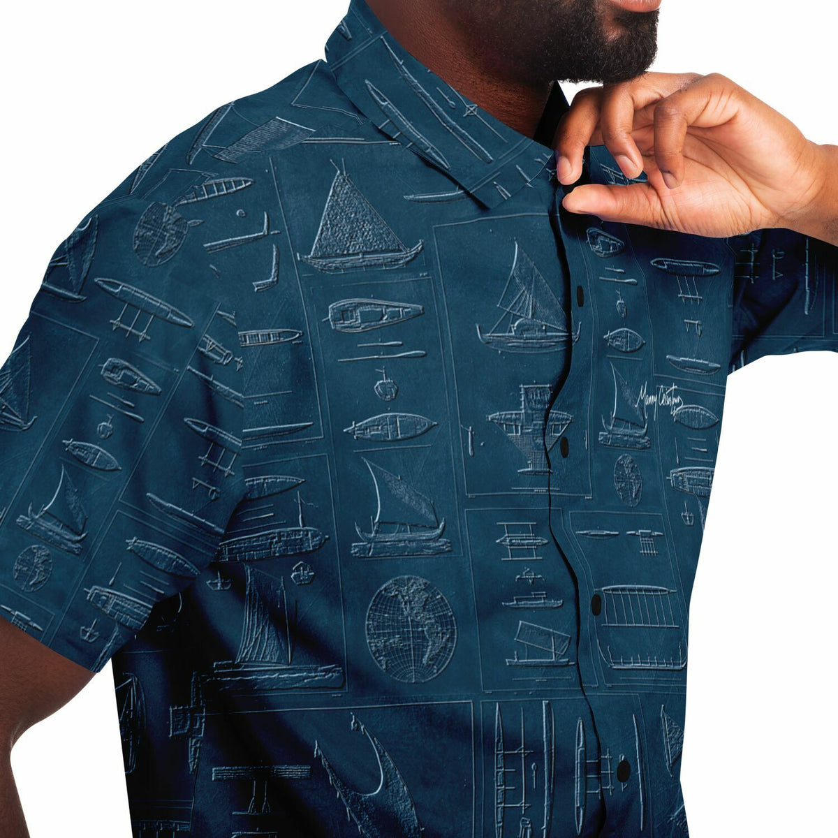 Blue Reimagined Embossed Oceania Seafaring Vessels Short Sleeve