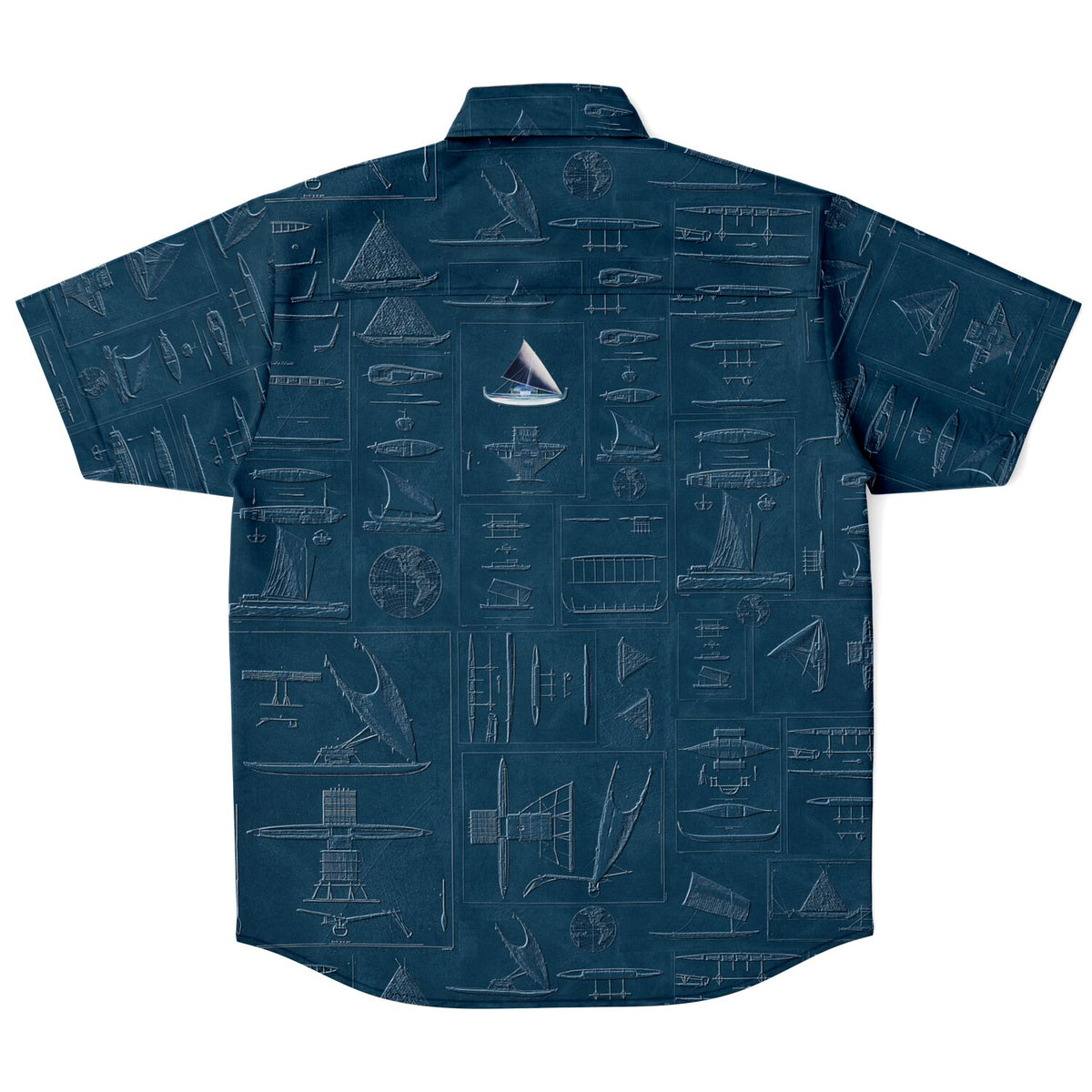 Blue Reimagined Embossed Oceania Seafaring Vessels Short Sleeve