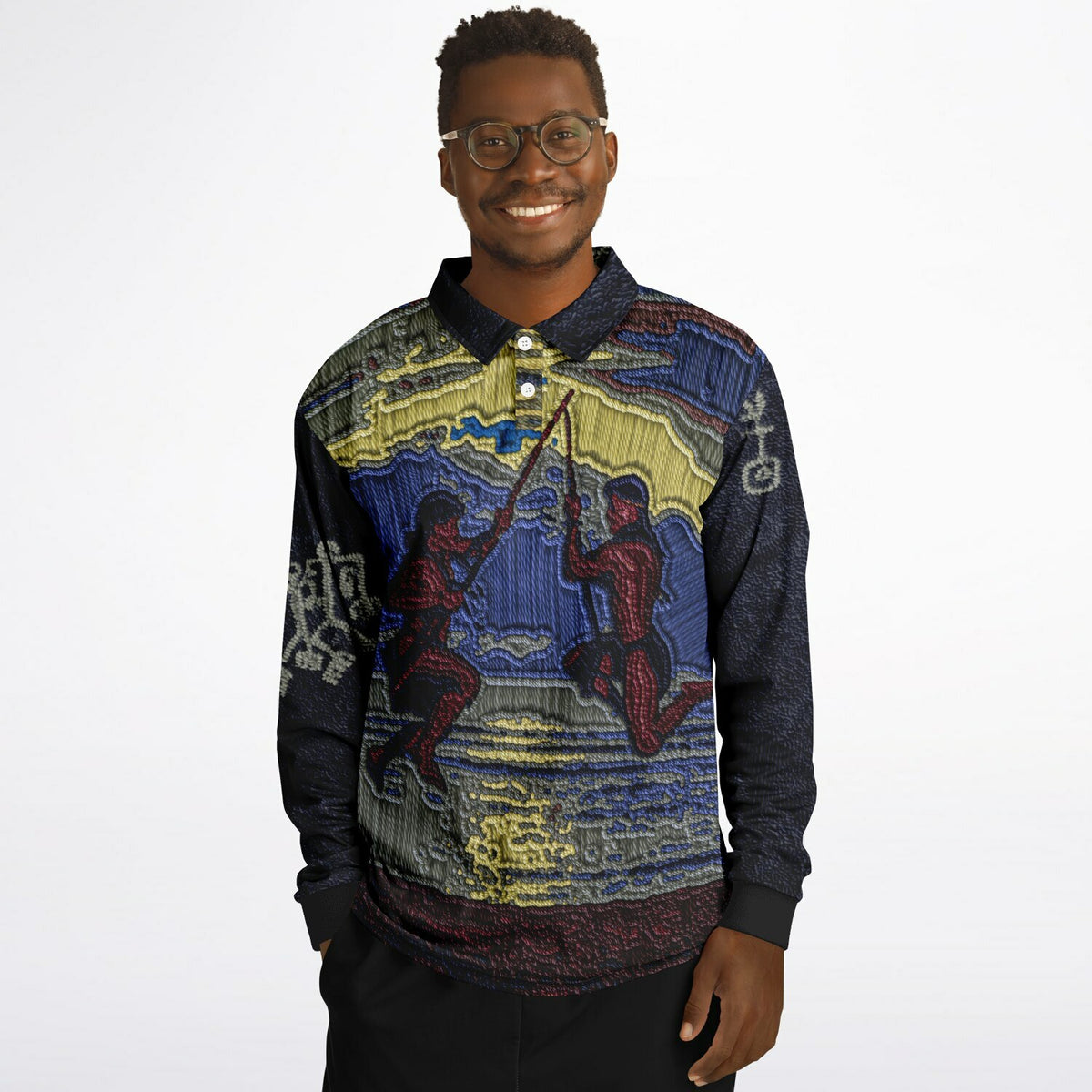 *CULTURE QUILT Faux Embroidery Long Sleeve Polo Shirt