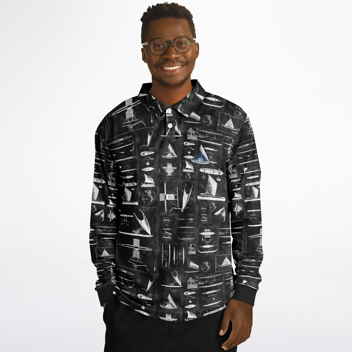 Oceania Seafaring Vessels Reimagined (Black/silver) Men’s Long Sleeve Polo Shirt
