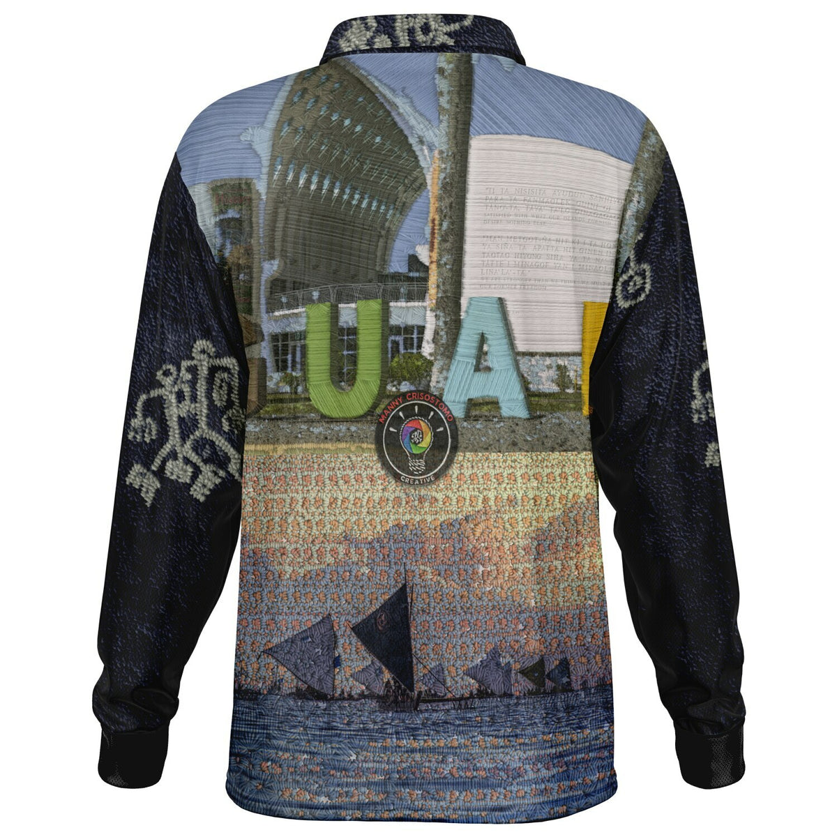 *CULTURE QUILT Faux Embroidery Long Sleeve Polo Shirt