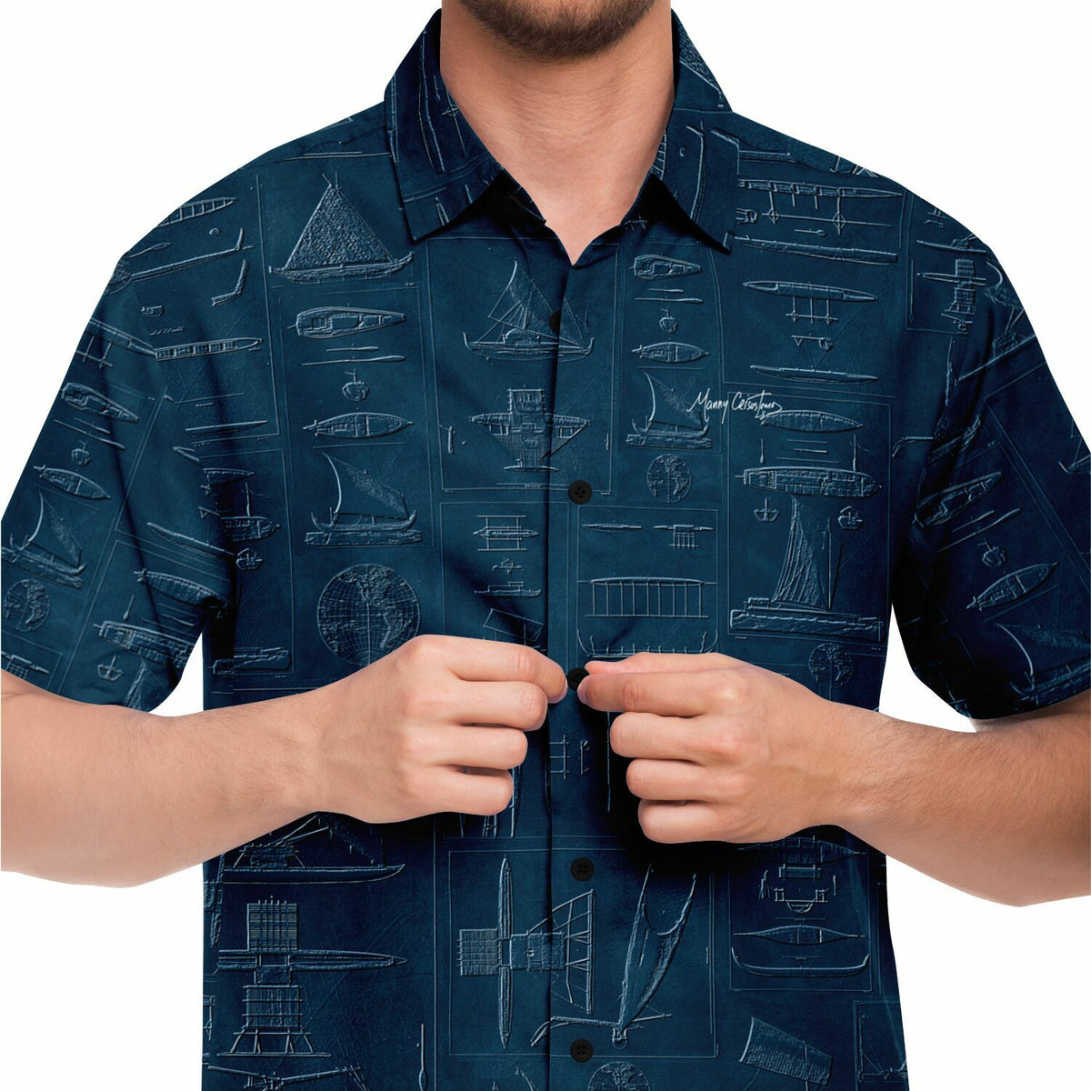 Blue Reimagined Embossed Oceania Seafaring Vessels Short Sleeve