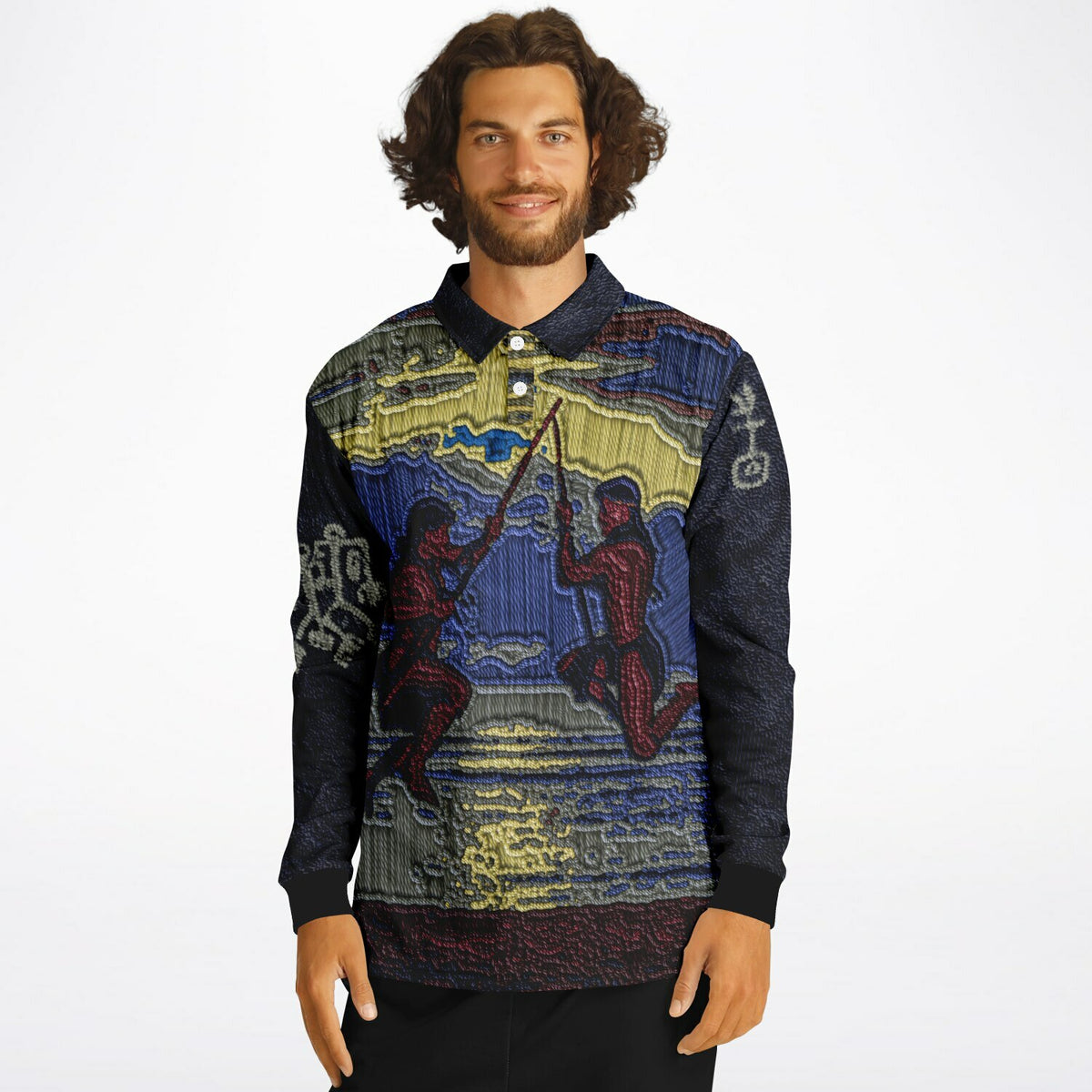 *CULTURE QUILT Faux Embroidery Long Sleeve Polo Shirt