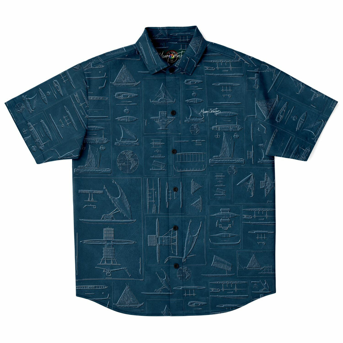 Blue Reimagined Embossed Oceania Seafaring Vessels Short Sleeve