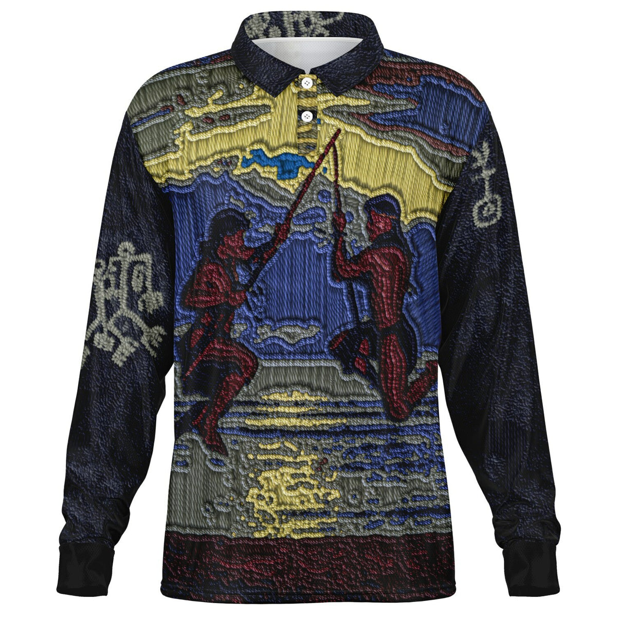 *CULTURE QUILT Faux Embroidery Long Sleeve Polo Shirt